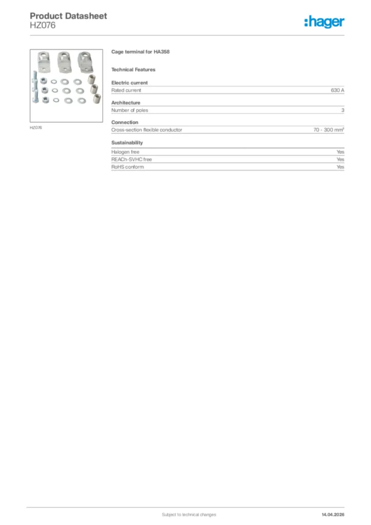 Image Hager Product data sheet HZ076  | Hager Africa