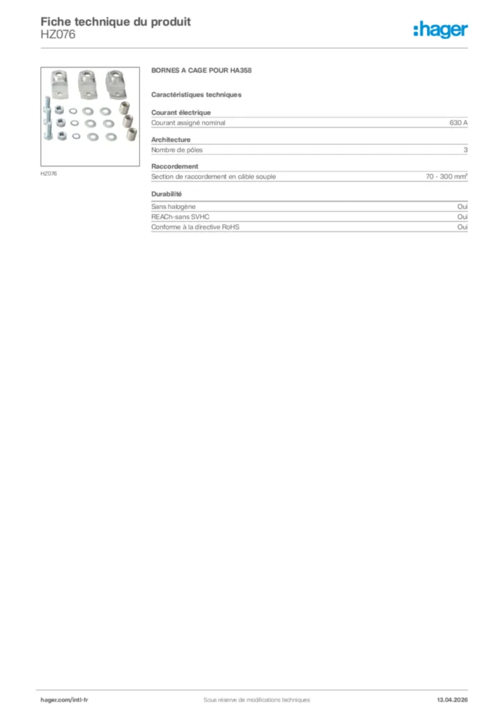 Image Hager Fiche technique du produit HZ076 | Hager Afrique