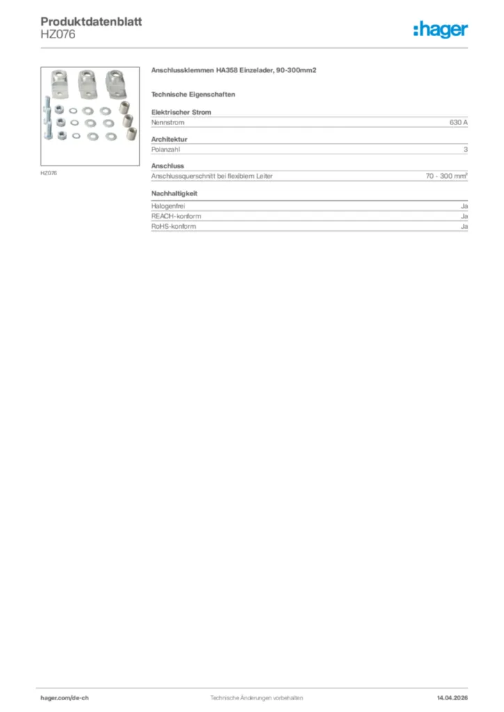 Bild Hager Produktdatenblatt HZ076 | Hager Schweiz