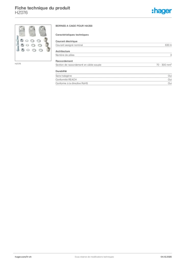 Image Hager Fiche technique du produit HZ076 | Hager Suisse