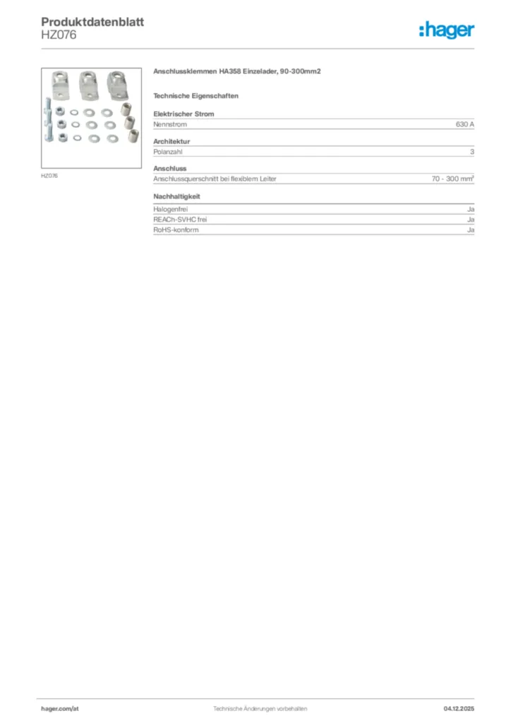Bild Hager Produktdatenblatt HZ076 | Hager Deutschland