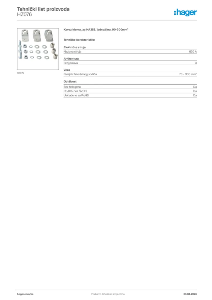 Slika Hager Tehnički list proizvoda HZ076  | Hager