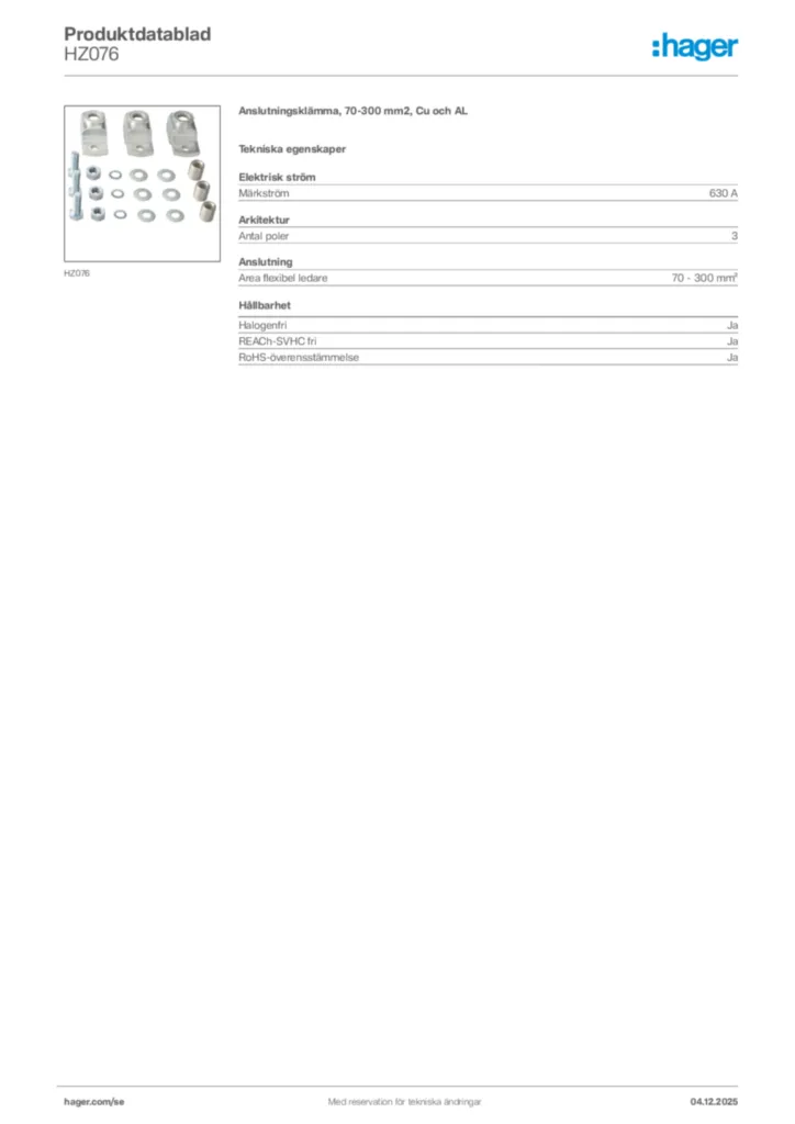 Bild Hager Produktdatablad HZ076 | Hager Sverige