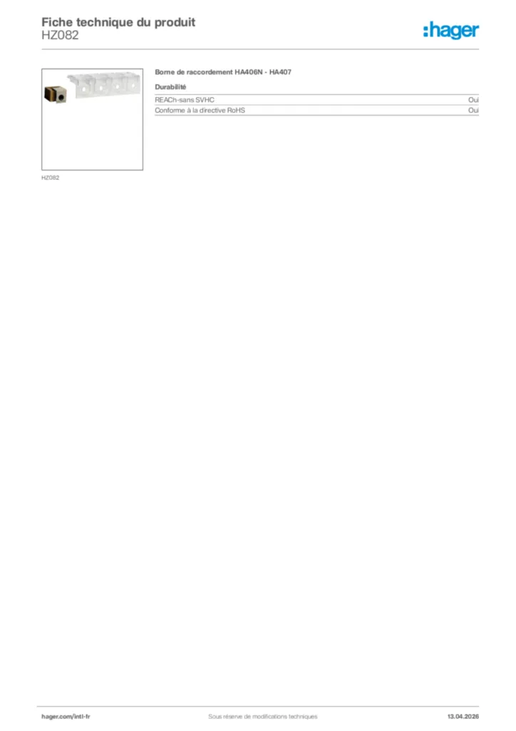 Image Hager Fiche technique du produit HZ082 | Hager Afrique
