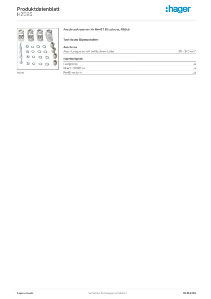 Bild Hager Produktdatenblatt HZ085 | Hager Deutschland