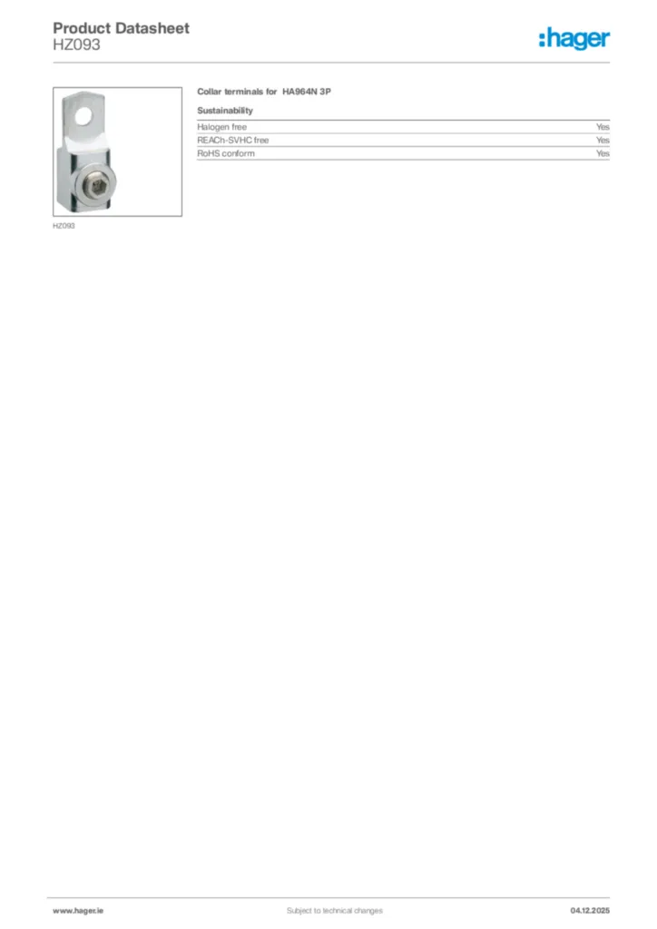 Image Hager Product data sheet HZ093  | Hager