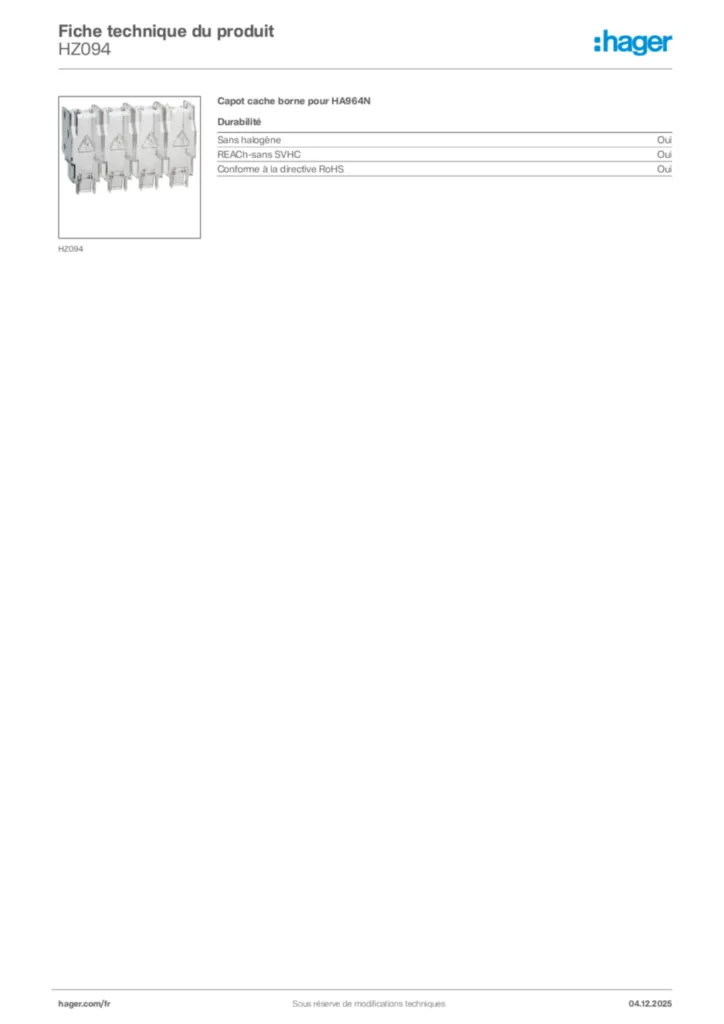 Image Hager Fiche technique du produit HZ094 | Hager France