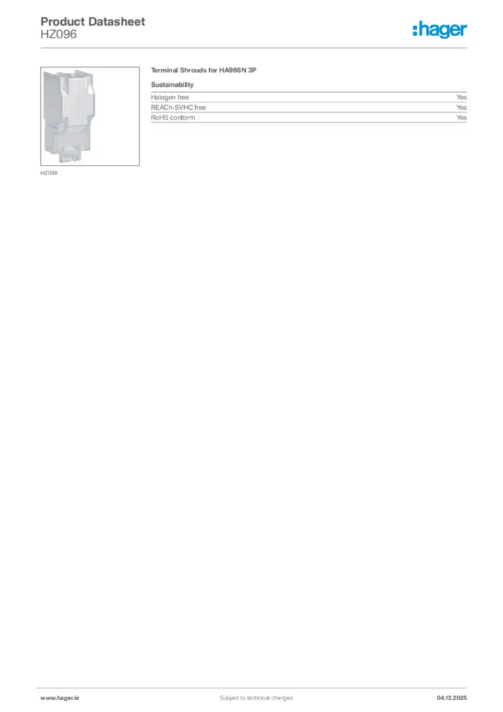 Image Hager Product data sheet HZ096  | Hager