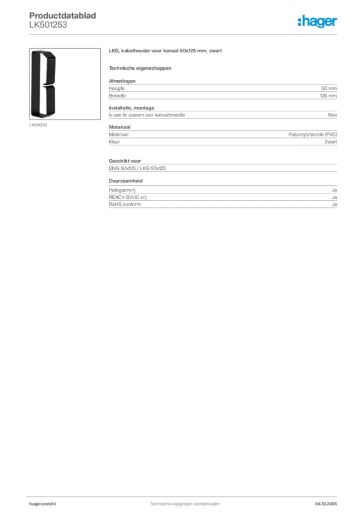 Afbeelding Hager Productdatablad LK501253 | Hager Nederland