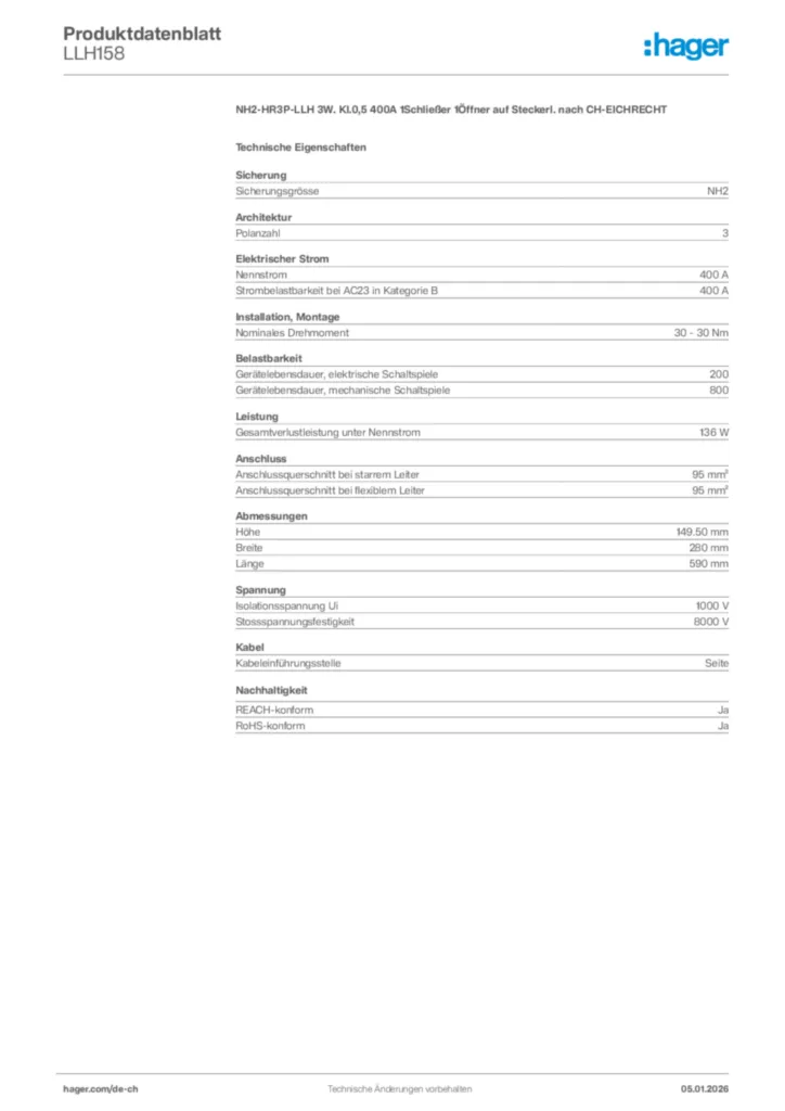 Bild Hager Produktdatenblatt LLH158 | Hager Schweiz