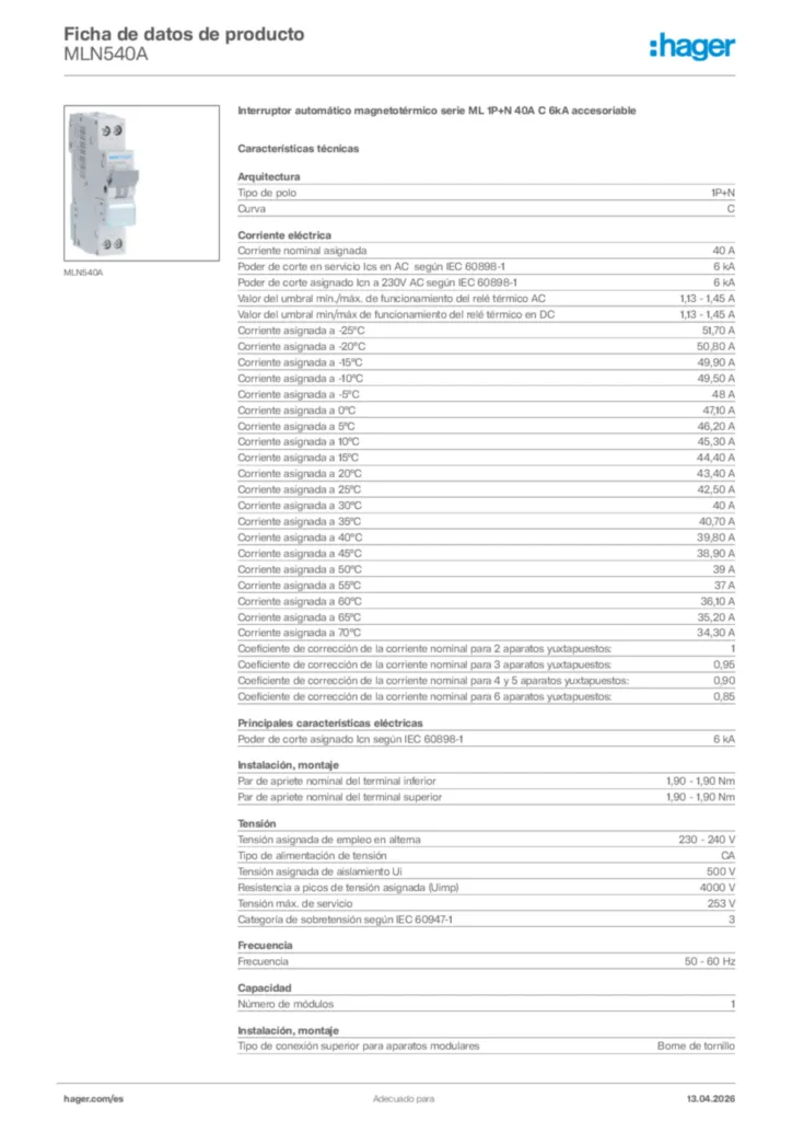 Imagen Hager Ficha de datos de producto MLN540A | Hager España