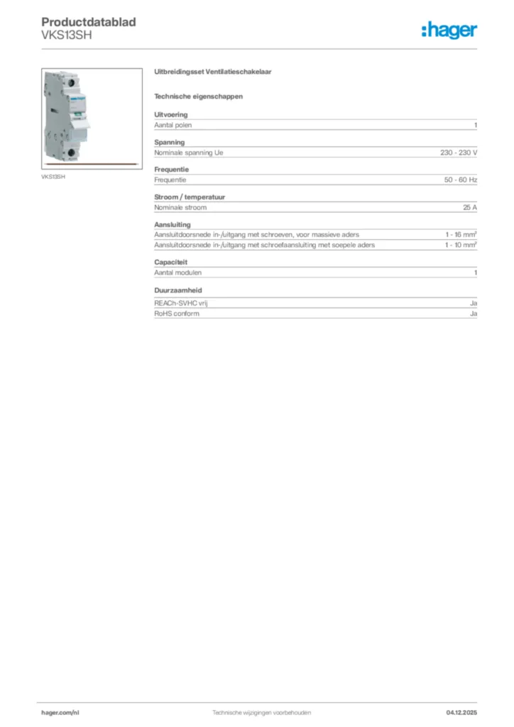 Afbeelding Hager Productdatablad VKS13SH | Hager Nederland