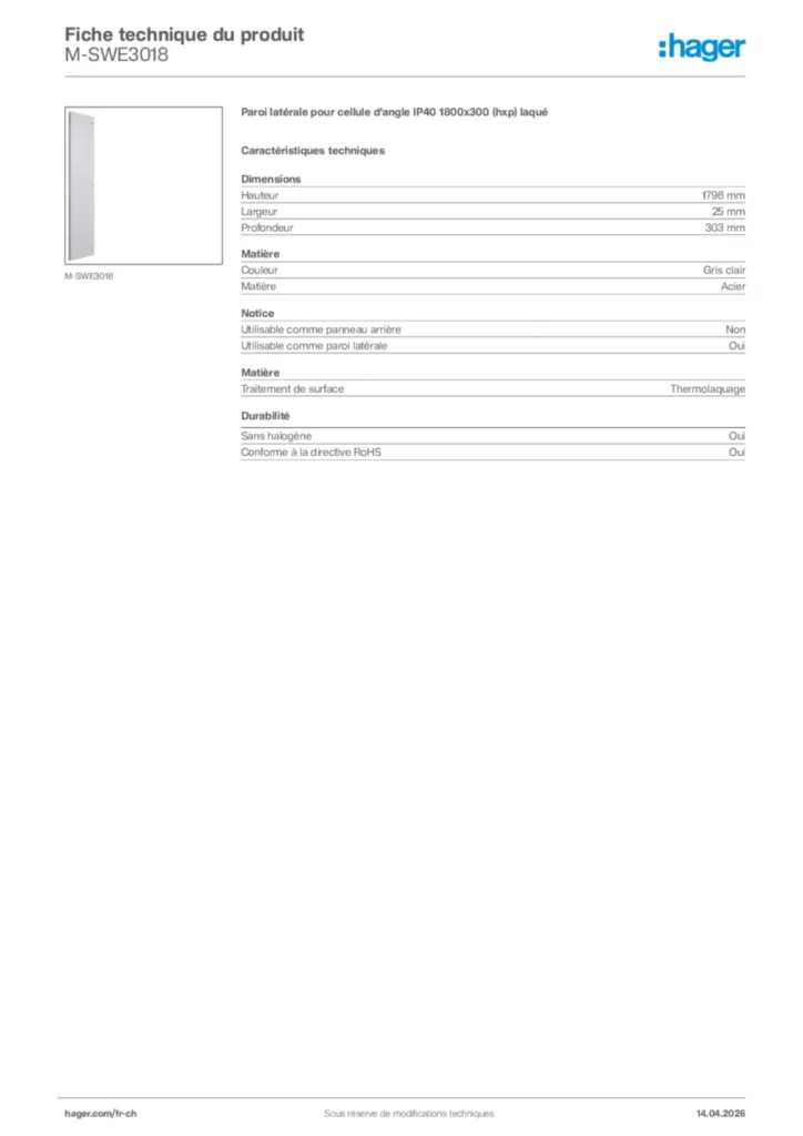 Image Hager Fiche technique du produit M-SWE3018 | Hager Suisse
