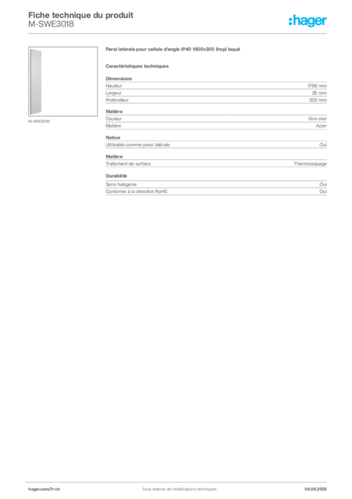 Image Hager Fiche technique du produit M-SWE3018 | Hager Suisse