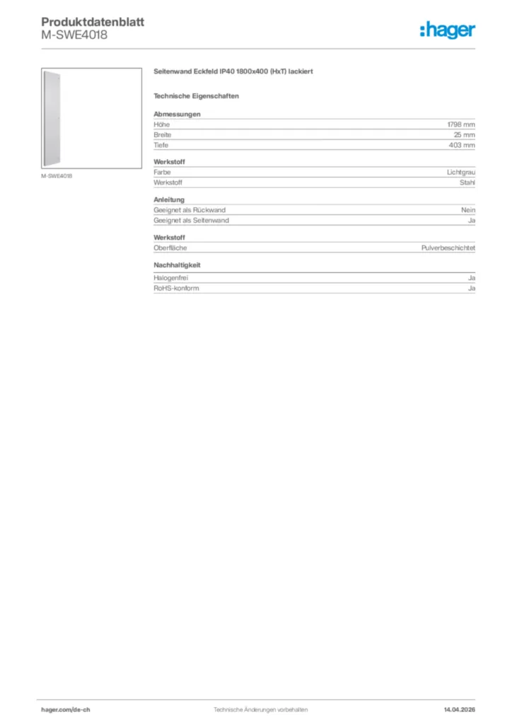 Bild Hager Produktdatenblatt M-SWE4018 | Hager Schweiz