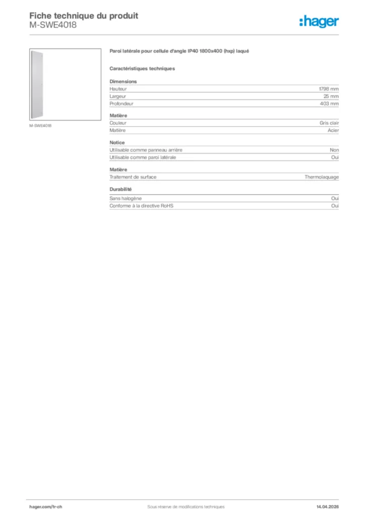 Image Hager Fiche technique du produit M-SWE4018 | Hager Suisse
