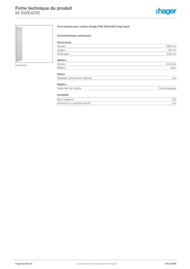 Image Hager Fiche technique du produit M-SWE4018 | Hager Suisse