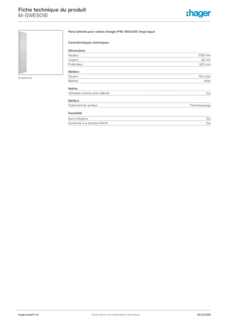 Image Hager Fiche technique du produit M-SWE5018 | Hager Suisse