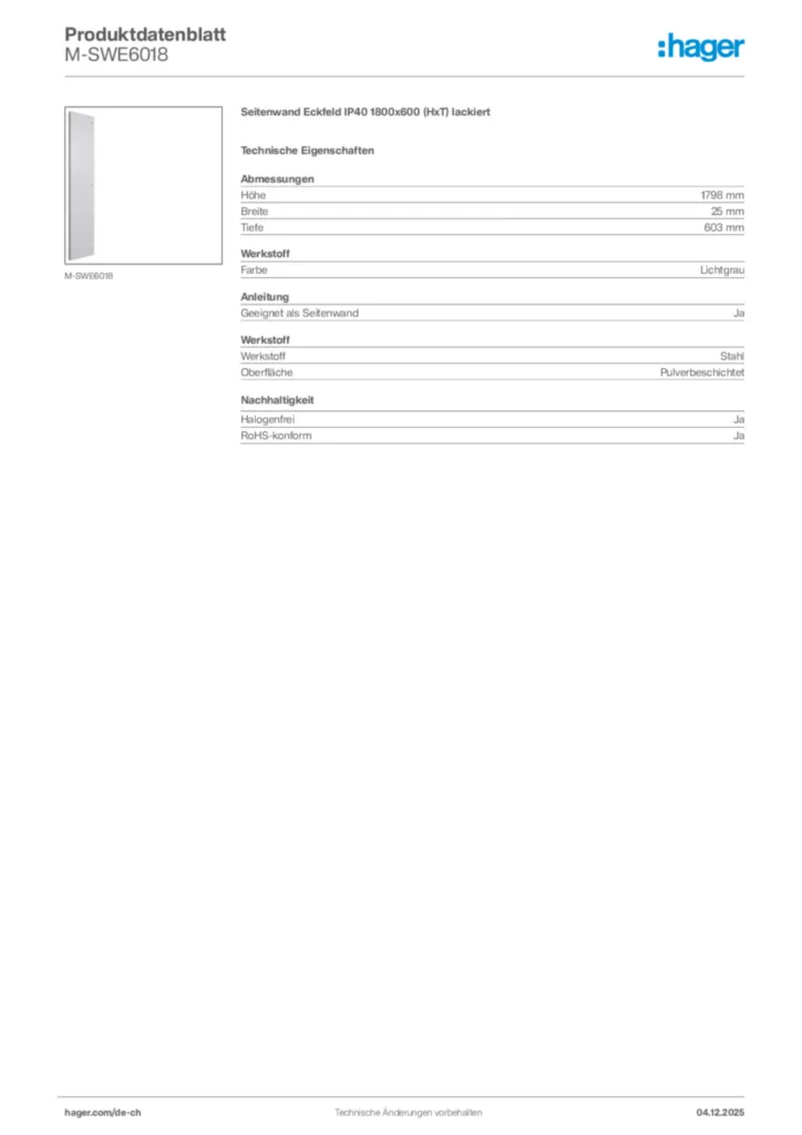 Bild Hager Produktdatenblatt M-SWE6018 | Hager Schweiz
