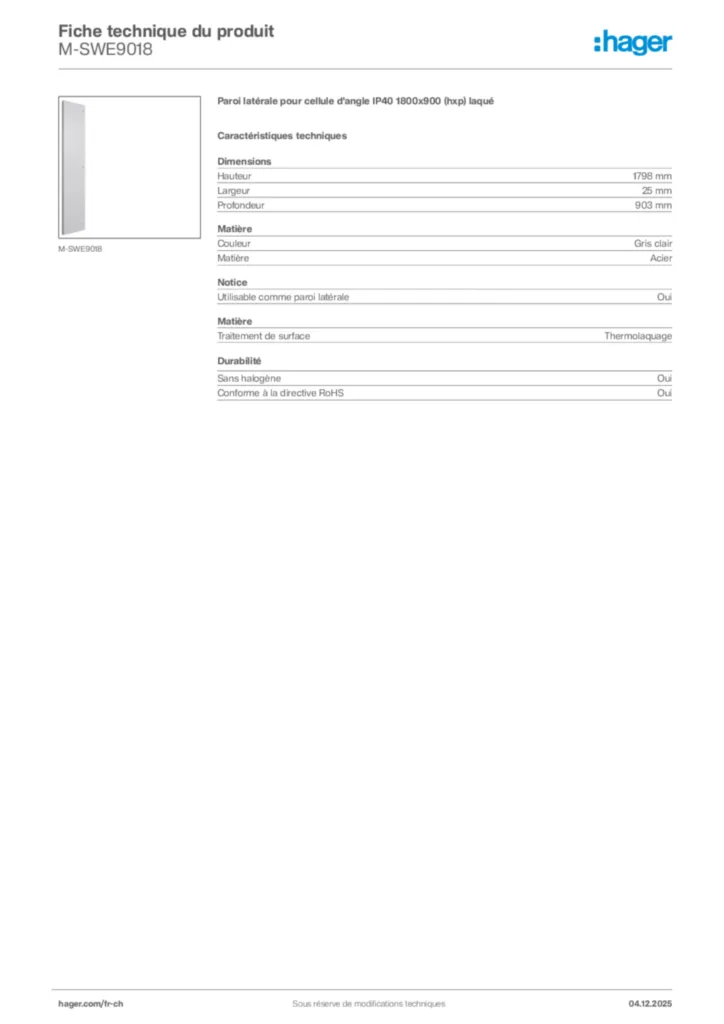 Image Hager Fiche technique du produit M-SWE9018 | Hager Suisse