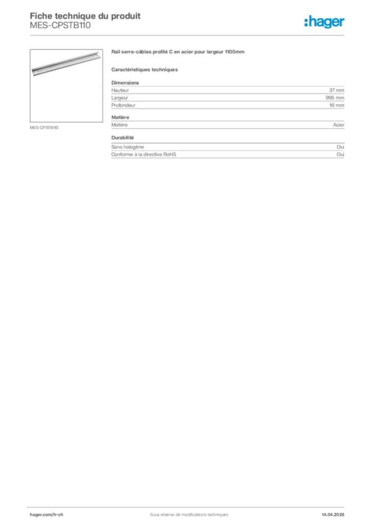 Image Hager Fiche technique du produit MES-CPSTB110 | Hager Suisse