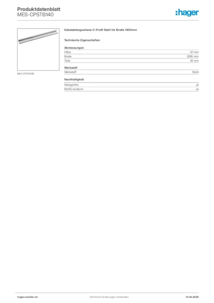Bild Hager Produktdatenblatt MES-CPSTB140 | Hager Schweiz
