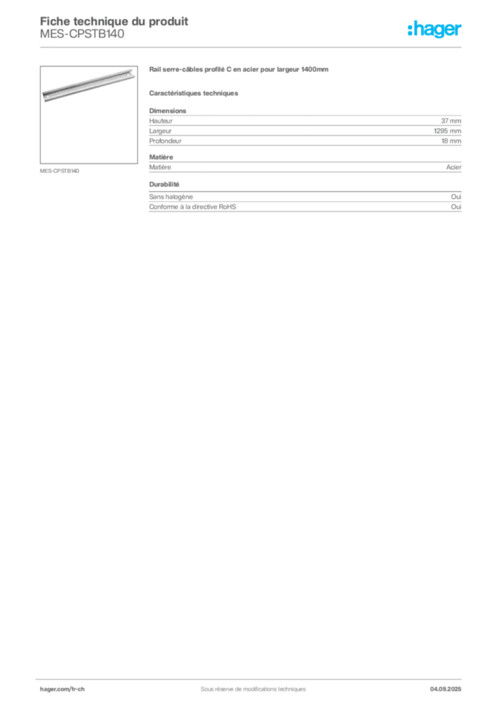 Image Hager Fiche technique du produit MES-CPSTB140 | Hager Suisse
