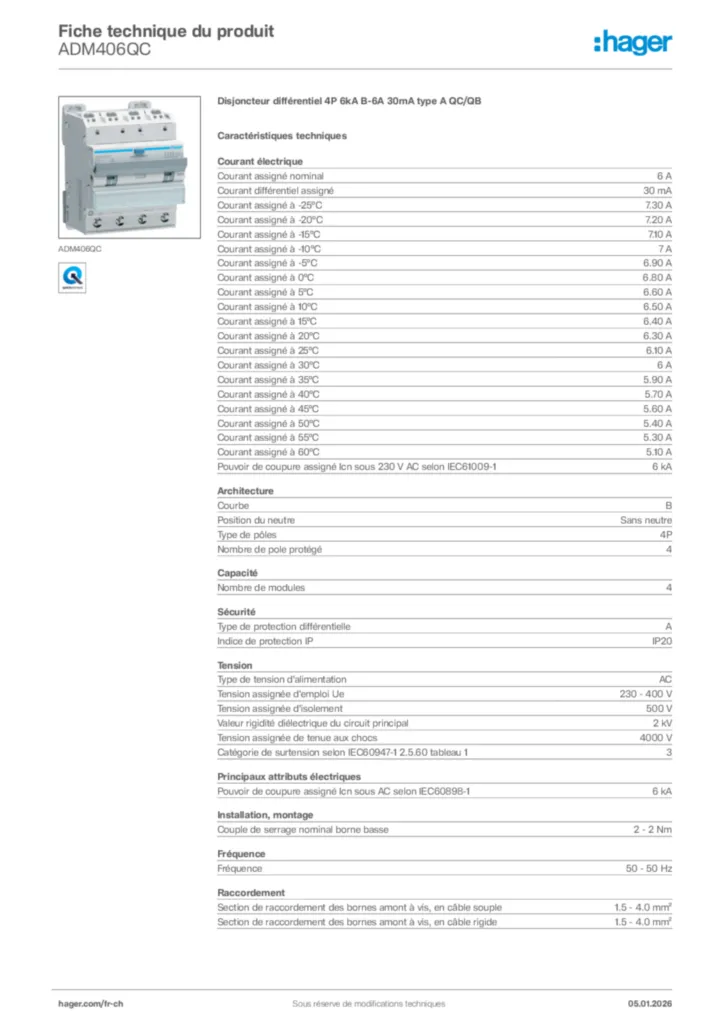 Image Hager Fiche technique du produit ADM406QC | Hager Suisse