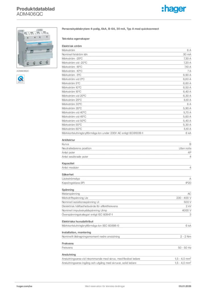 Bild Hager Produktdatablad ADM406QC | Hager Sverige
