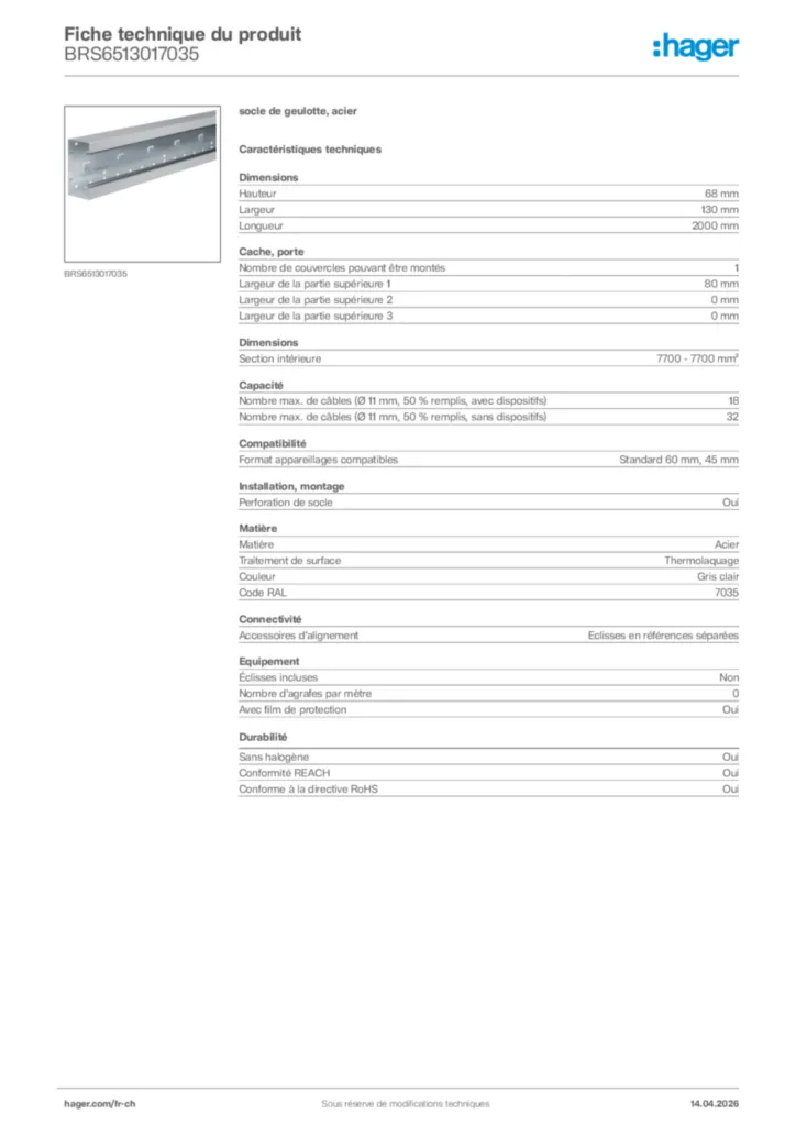 Image Hager Fiche technique du produit BRS6513017035 | Hager Suisse