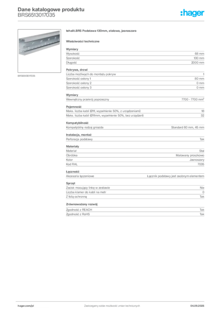 Zdjęcie Hager Dane katalogowe produktu BRS6513017035 | Hager Polska