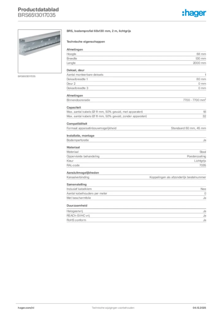 Afbeelding Hager Productdatablad BRS6513017035 | Hager Nederland