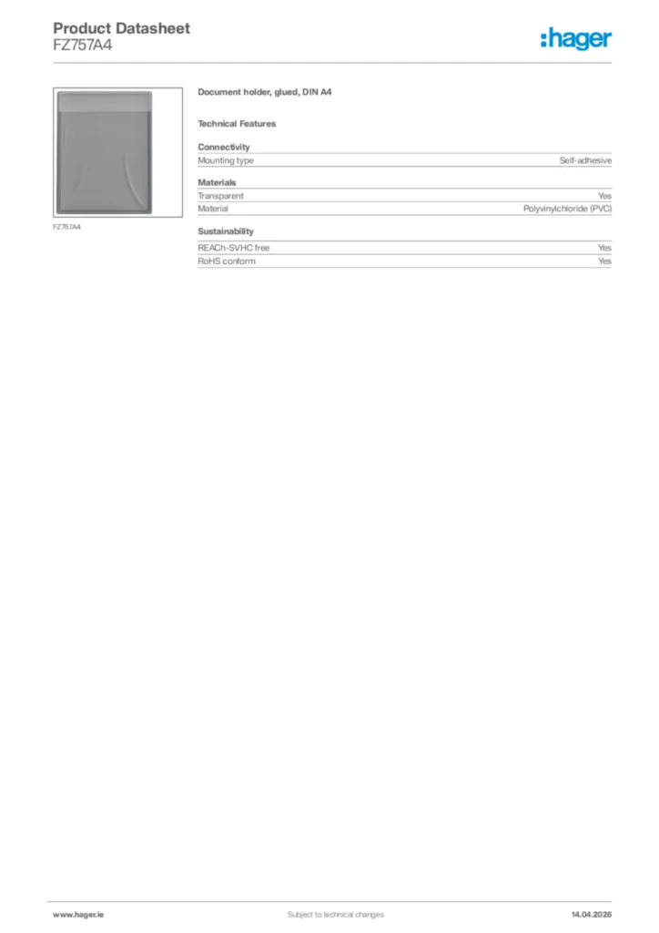 Image Hager Product data sheet FZ757A4  | Hager