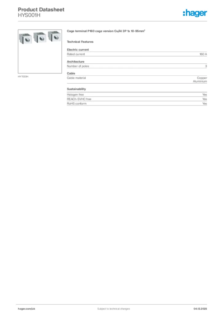 Image Hager Product data sheet HYS001H  | Hager
