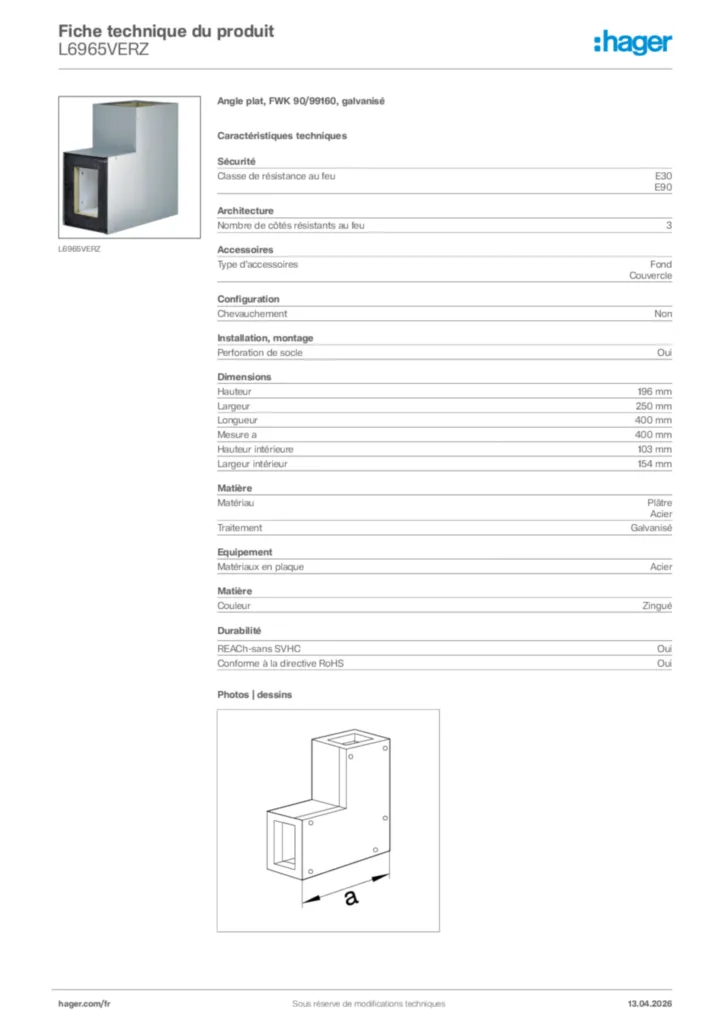 Image Hager Fiche technique du produit L6965VERZ | Hager France
