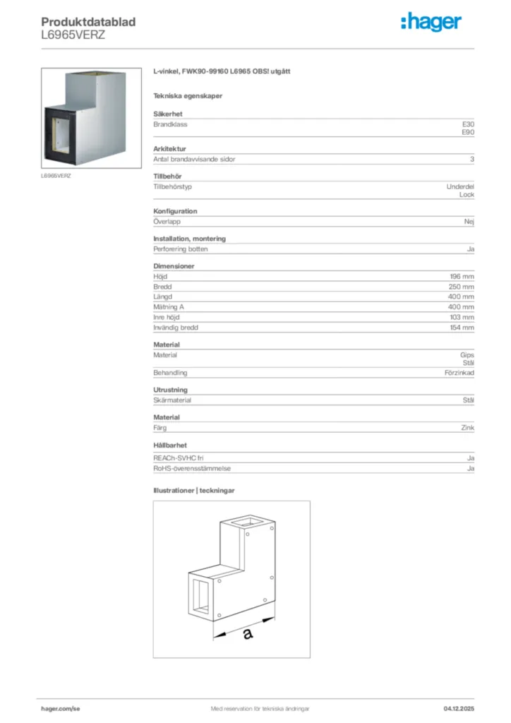 Bild Hager Produktdatablad L6965VERZ | Hager Sverige