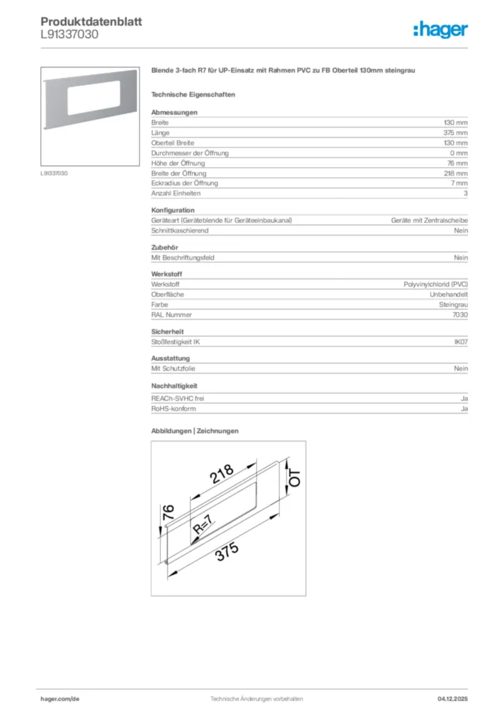 Hager Produktdatenblatt L91337030