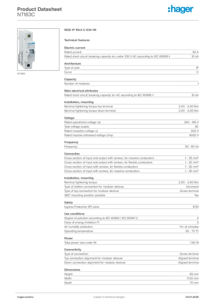 Image Hager Product data sheet NT163C  | Hager New Zealand