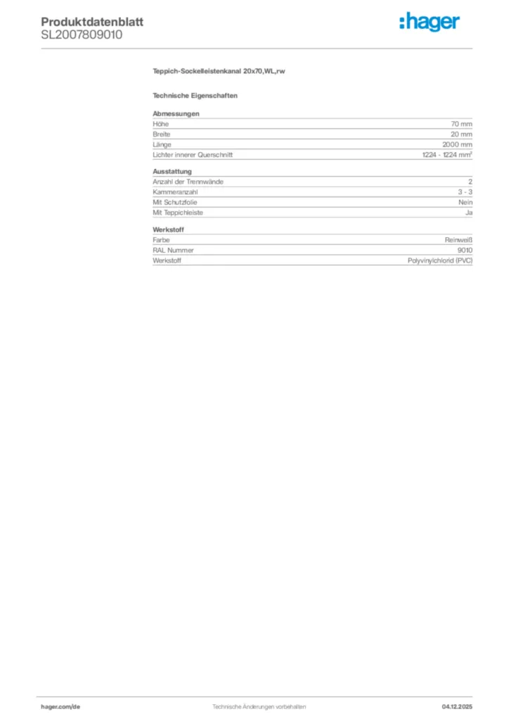 Bild Hager Produktdatenblatt SL2007809010 | Hager Deutschland