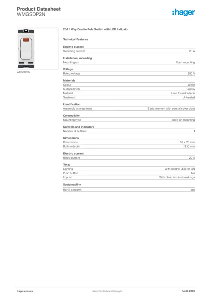Image Hager Product data sheet WMGSDP2N  | Hager