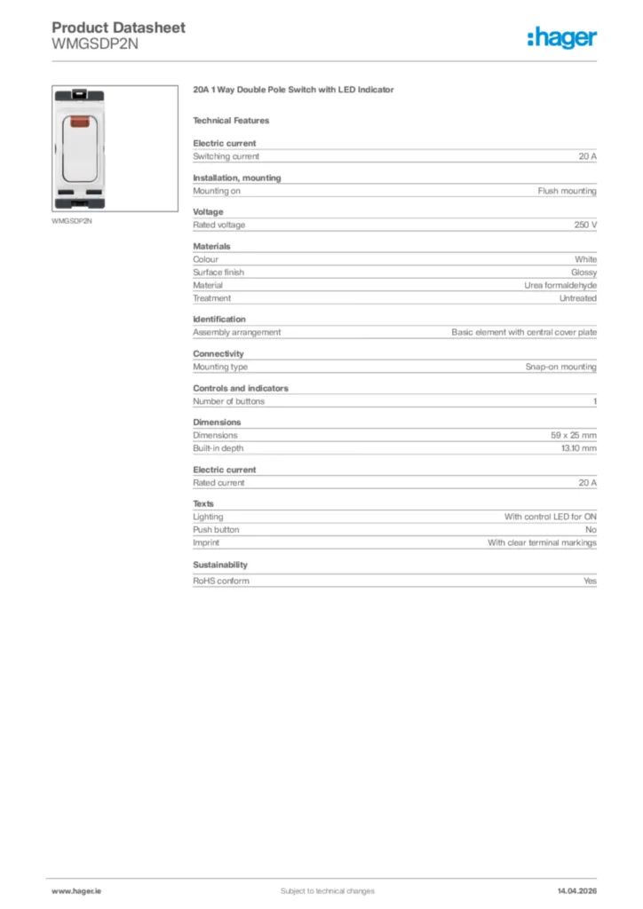 Image Hager Product data sheet WMGSDP2N  | Hager