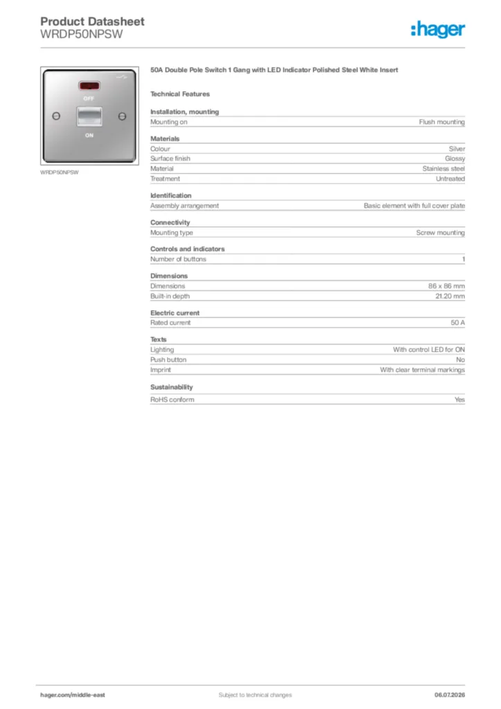 Image Hager Product data sheet WRDP50NPSW  | Hager