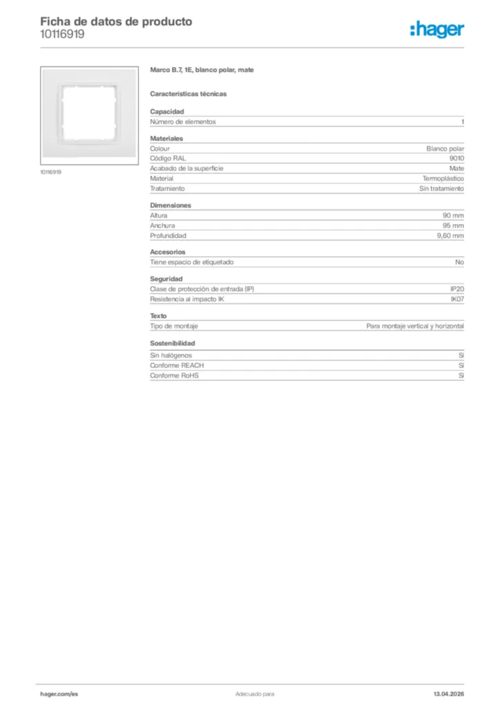 Imagen Hager Ficha de datos de producto 10116919 | Hager España