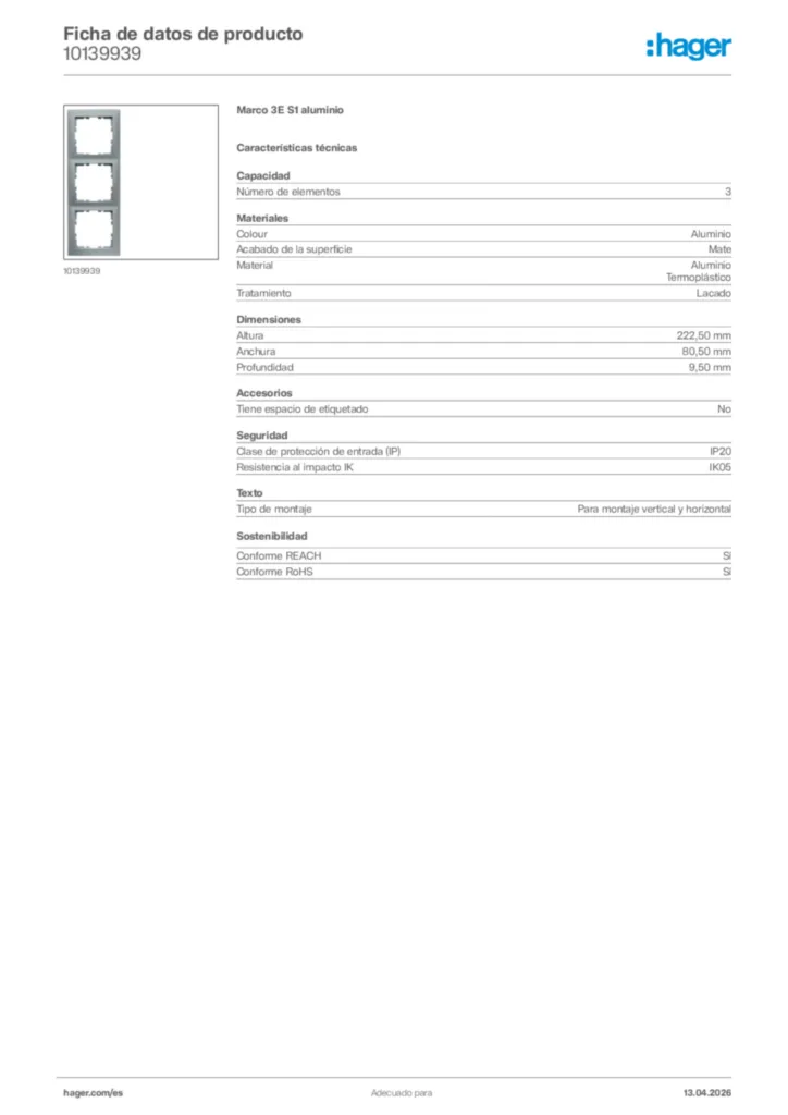 Imagen Hager Ficha de datos de producto 10139939 | Hager España