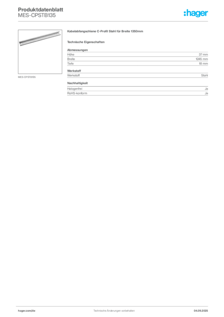 Bild Hager Produktdatenblatt MES-CPSTB135 | Hager Deutschland