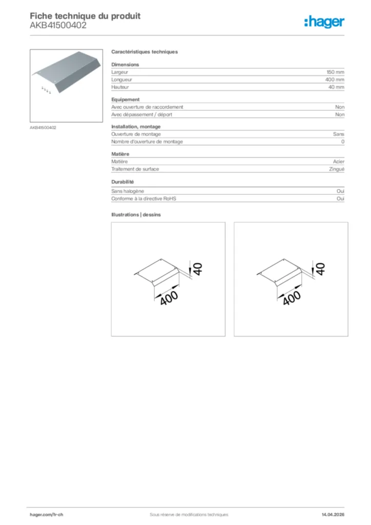 Image Hager Fiche technique du produit AKB41500402 | Hager Suisse