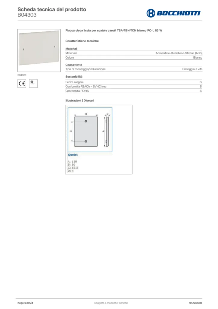 Immagine Bocchiotti Scheda tecnica del prodotto B04303 | Hager Italia