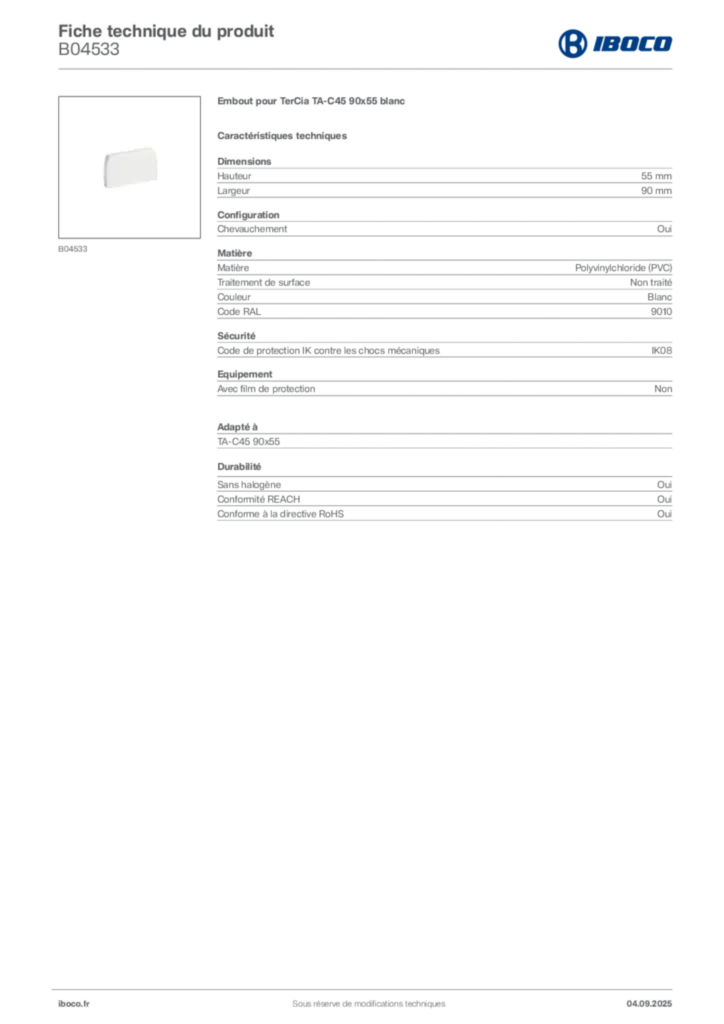 Image Iboco Fiche technique du produit B04533 | Hager France