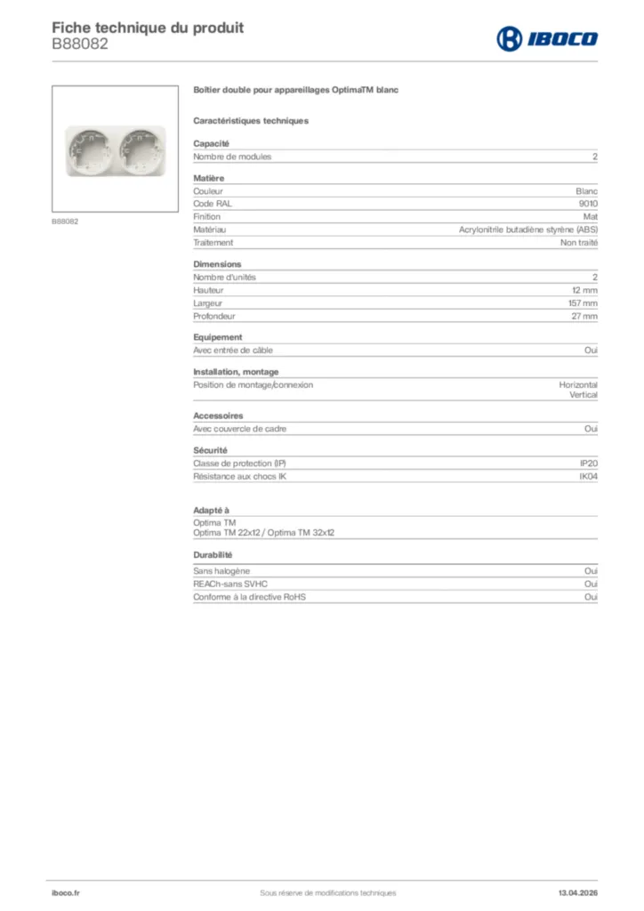 Image Iboco Fiche technique du produit B88082 | Hager France