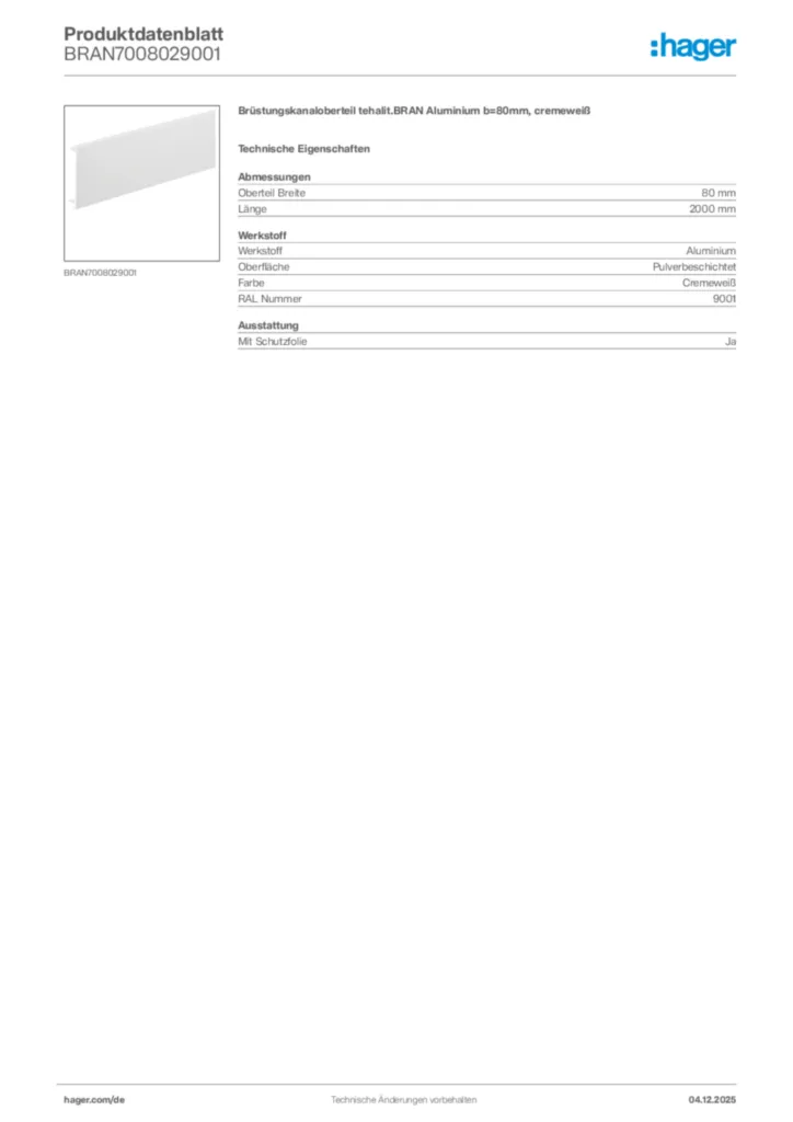 Bild Hager Produktdatenblatt BRAN7008029001 | Hager Deutschland